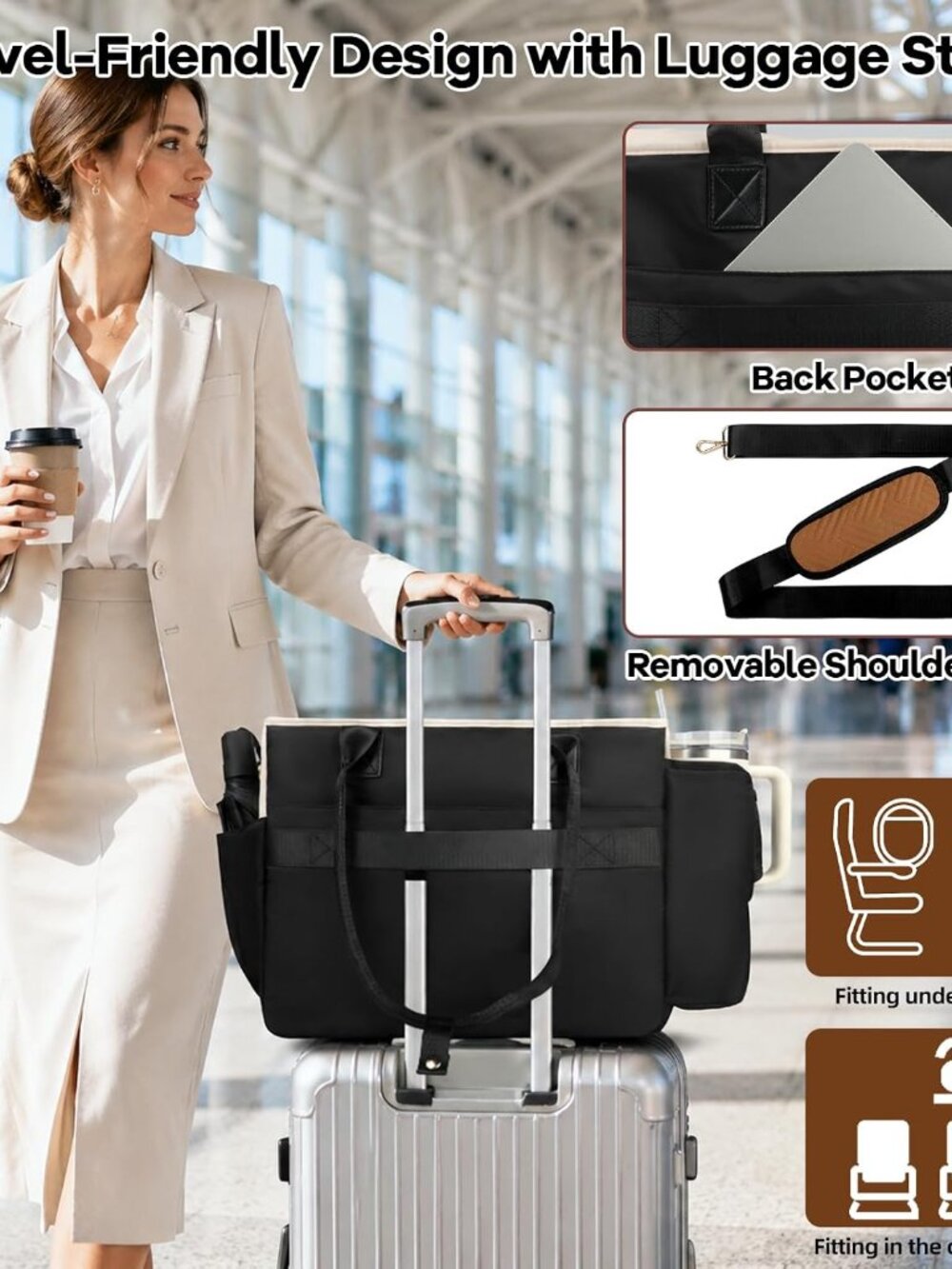 Teacher Tote Bag for Women with Large Cup Holder& 15.6 Inch Laptop Compartment, - Picture 8 of 8